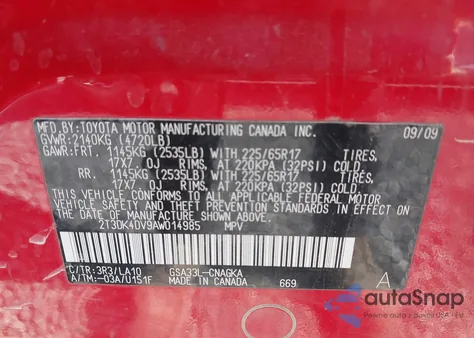 2010 Toyota Rav4 Limited V6 from USA, damaged, VIN 2T3DK4DV9AW014985